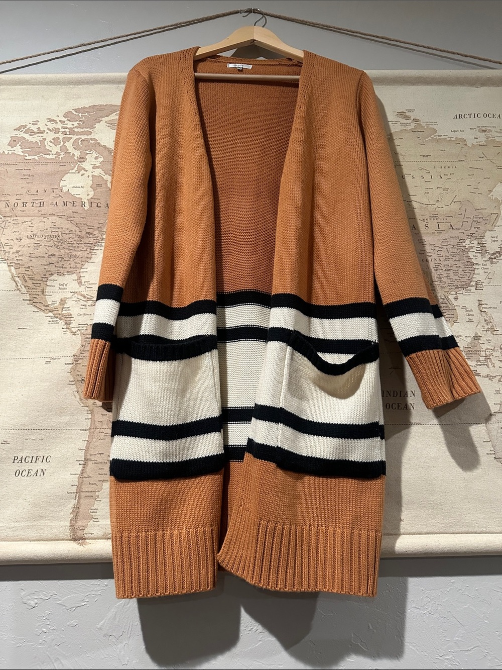 JODIFL caramel Open-Front Striped Long Cardigan with Pockets 35” length